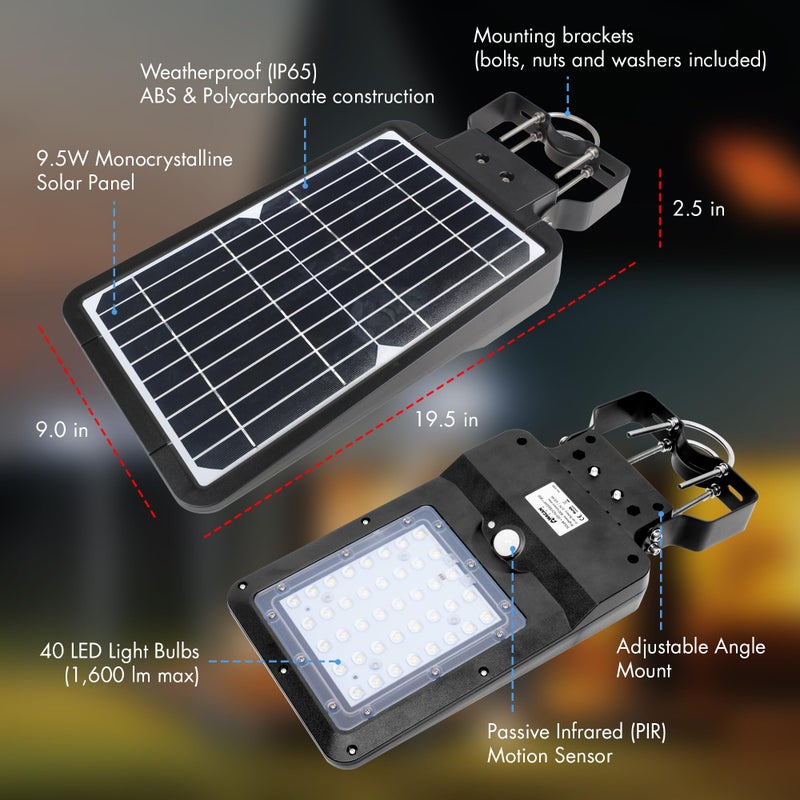 Wagan EL8586 1600 Lumen Integrated Solar Street Lamp Security Flood Light Motion Sensor Waterproof Weatherproof Dusk to Dawn Solar LED Light Lamp for Outdoor Garden Yard Path Parking Lot - Image 2